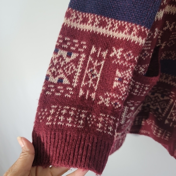Billabong Women Red Aztec Open Cardigan Sz L Academia Fall Pocket Cabincore Cozy - Picture 7 of 12